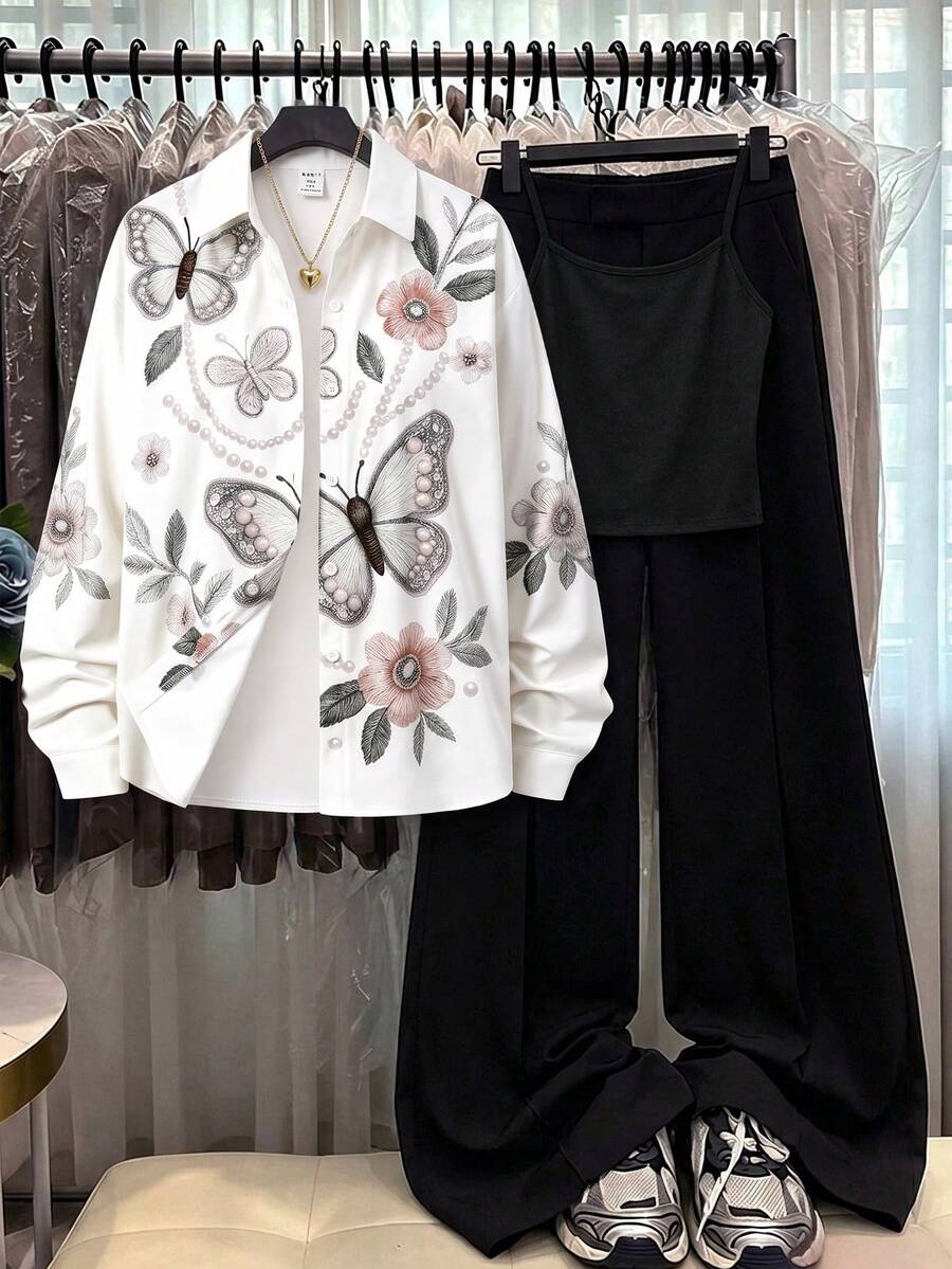 SHEIN 青少年女孩日常通勤軟糯清新優雅春夏櫻花粉輕盈襯衫、百搭百搭細肩帶背心上衣與純色直筒寬腿長褲三件套 - 黑與白 - 查看 1