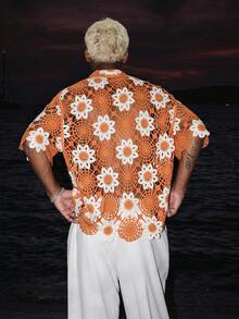 STEELVANCE Men's Breezy Elegant Crochet Handmade 3D Floral Cardigan For Daily Wear Holiday Beach Burnt Orange Summer Holiday / Vacation / Hawaii/ Beach/  Bathing - Orange - View 2