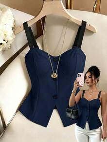 Elenzga Plus Size Elegant Casual Colorblock Spaghetti Strap Tank Top With Hem Slit And Button Design, Suitable For Daily Wear, Beach Vacation, Dating, Party, Spring/Summer - Navy Blue - View 3