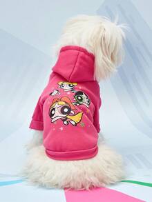 THE POWERPUFF GIRLS X PETSIN 1件可愛卡通大眼女孩三人印花玫瑰紅連帽衫，休閒秋冬款厚實保暖寵物衣，適合舒適室內時光或寒冷戶外散步 - 玫紅色 - 查看 7