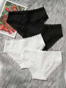 SHEIN Celana Dalam Segitiga Pinggang Elastis Dozemod untuk Remaja Perempuan, Lucu, Sederhana, Nyaman, dengan Hiasan Renda dan Pita, 4pcs/Pack - Hitam dan Putih - View 1