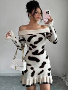Elenzga Elegant Off-Shoulder Leopard Print Long Sleeve Ruffle Hem Sweater Dress For Women - Multicolor - View 3