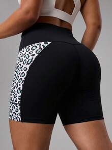 Gameset SHEIN Sport Women's Plus Size Leopard Print Patchwork Sports Shorts - Black - View 2