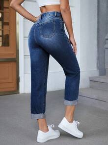 Flexra Casual Washed High Waist Denim Jeans - Dark Wash - View 2