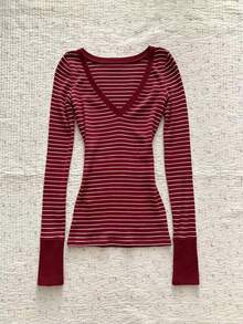IslaSuriya Women's Striped V-Neck Long Sleeve T-Shirt - Burgundy - View 1