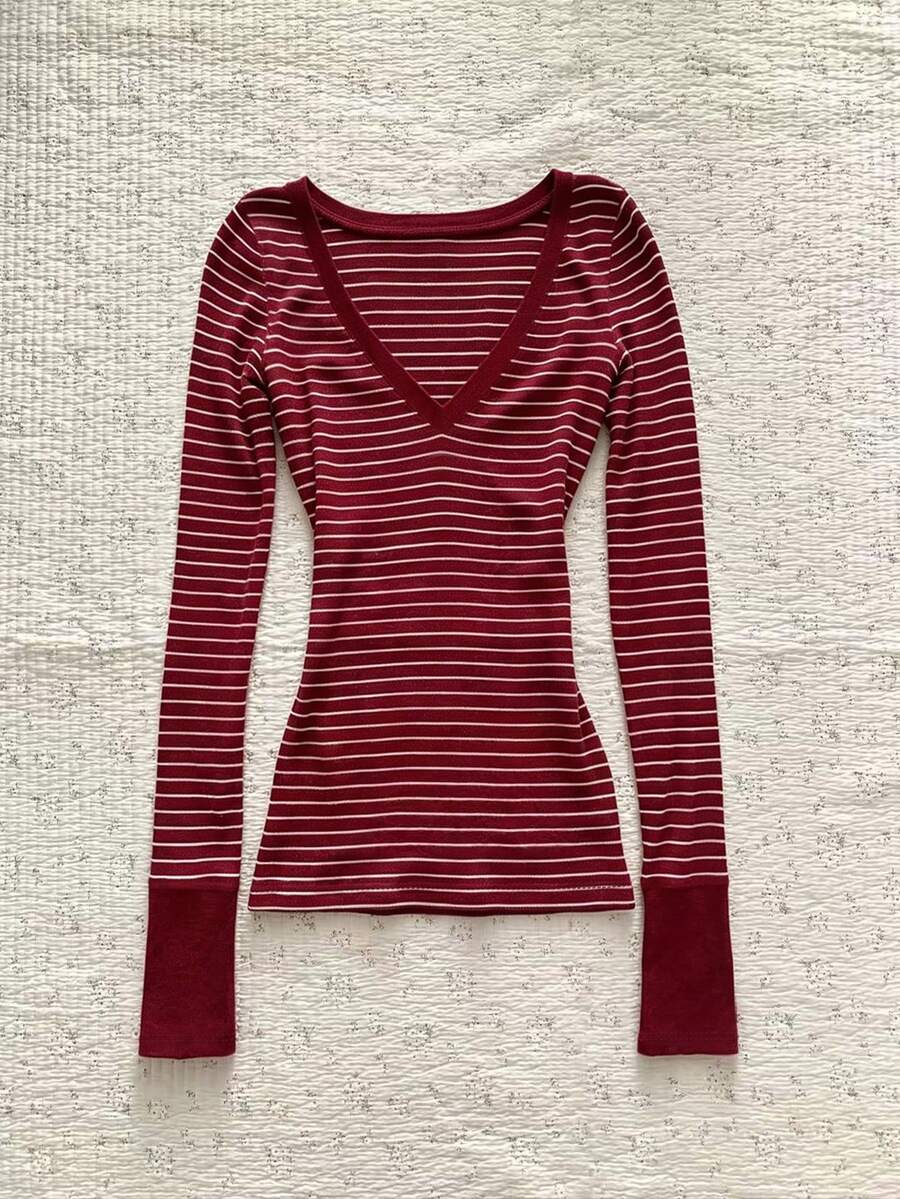 IslaSuriya Women's Striped V-Neck Long Sleeve T-Shirt - Burgundy - View 1