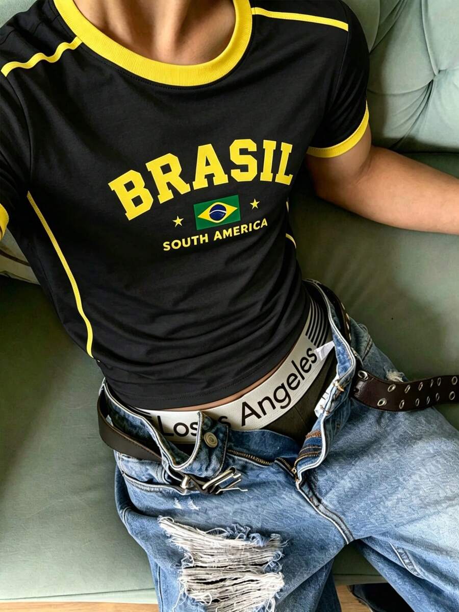 Resyla Men 男士夏季街頭風酷感足球黑色球衣,字母印花白色短版上衣,巴西風 - 黑色 - 查看 1