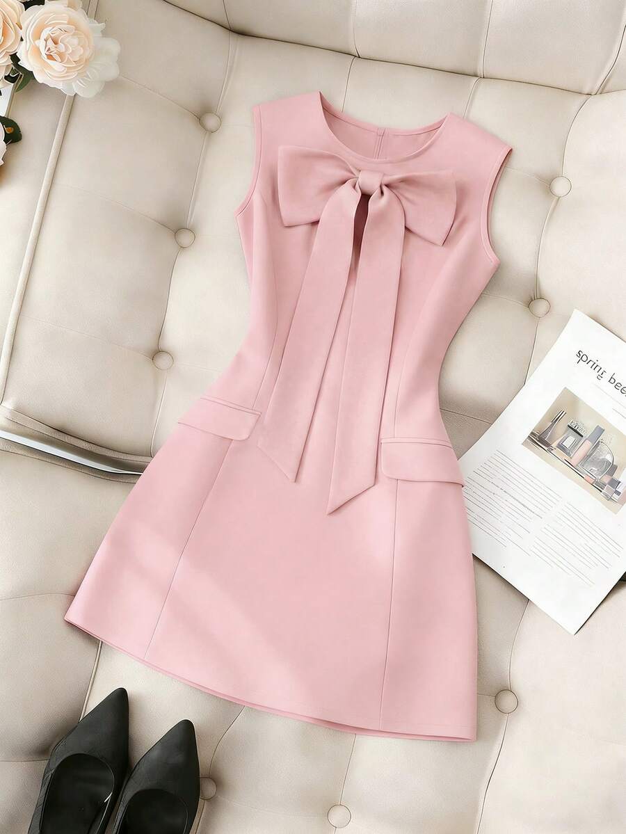 SHEIN Franclia 纯色圆领修身前蝴蝶结无袖女式连衣裙 - 粉色 - 查看 1