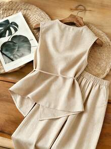 EMERY ROSE Conjunto de 2 piezas de top y pantalones de unicolor para mujer talla grande, casual para uso diario - Albaricoque - Ver 2