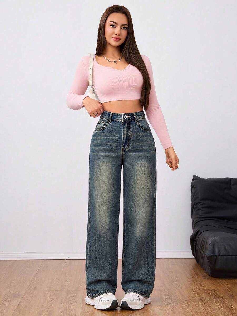 Rivivi 女款簡約前扣多口袋休閒牛仔褲,日常穿著加厚牛仔面料 - 中等水洗藍 - 查看 1
