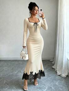 Elenzga Women's Autumn Black And White Square Neck Lace Trim Long Sleeve Ruched Mermaid Design Elegant Sophisticated Birthday Gift Date Dinner Party Wedding - Apricot - View 4