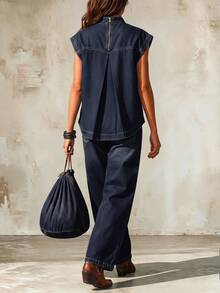 Balvessa Women's Stand Collar Back Zipper Design Loose Casual Denim Top - Blue - View 3