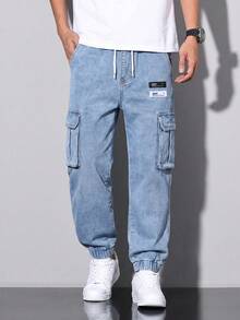 Celana Jeans Denim Saku Kargo Pinggang Tali Serut untuk Anak Laki-Laki Remaja - Medium Wash - View 3
