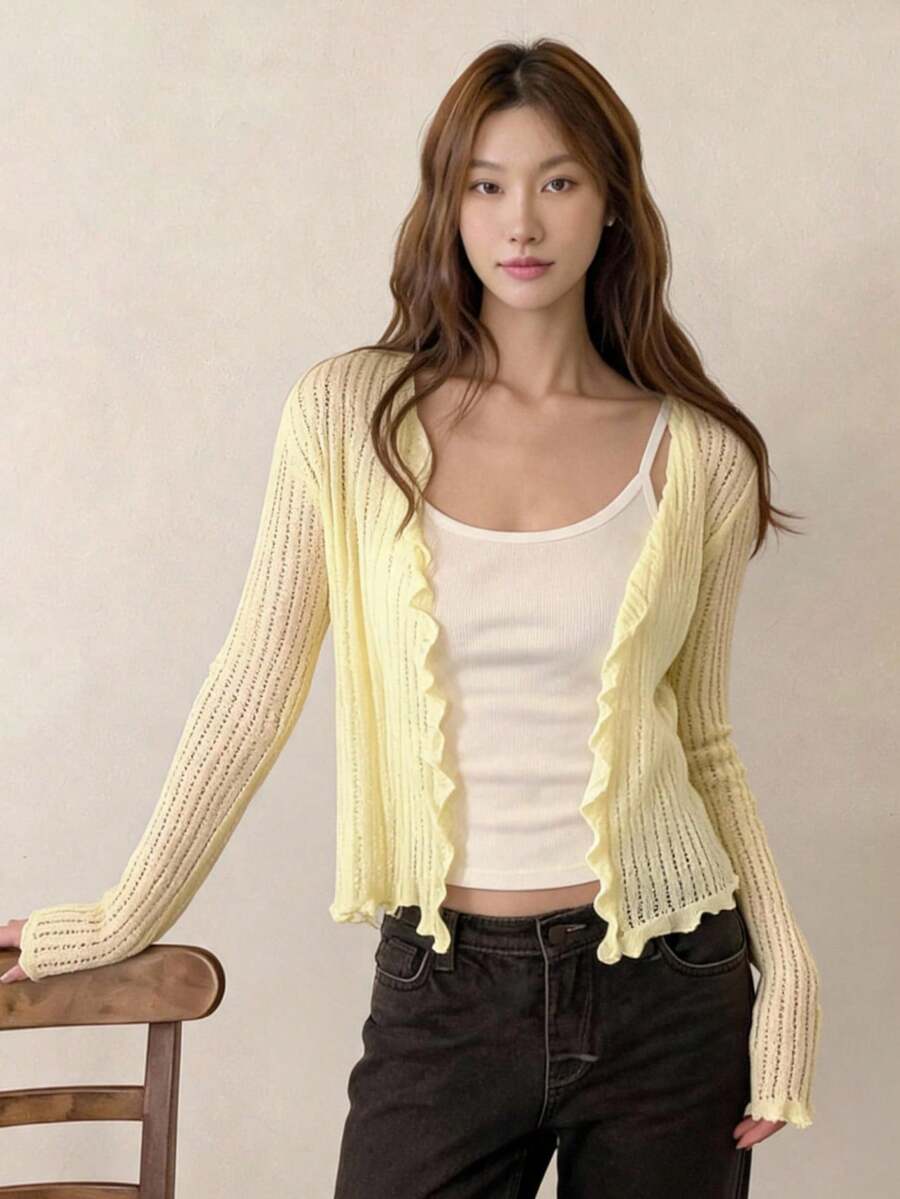 Tideelle 薄荷綠溫柔風荷葉邊鏤空針織罩衫 女款夏季輕量防曬罩衫 寬鬆顯瘦長袖外套