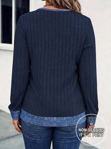 SHEIN LUNE 大尺碼女款 V 領拼色休閒百搭日常運動衫 - 藏蓝色 - 查看 2