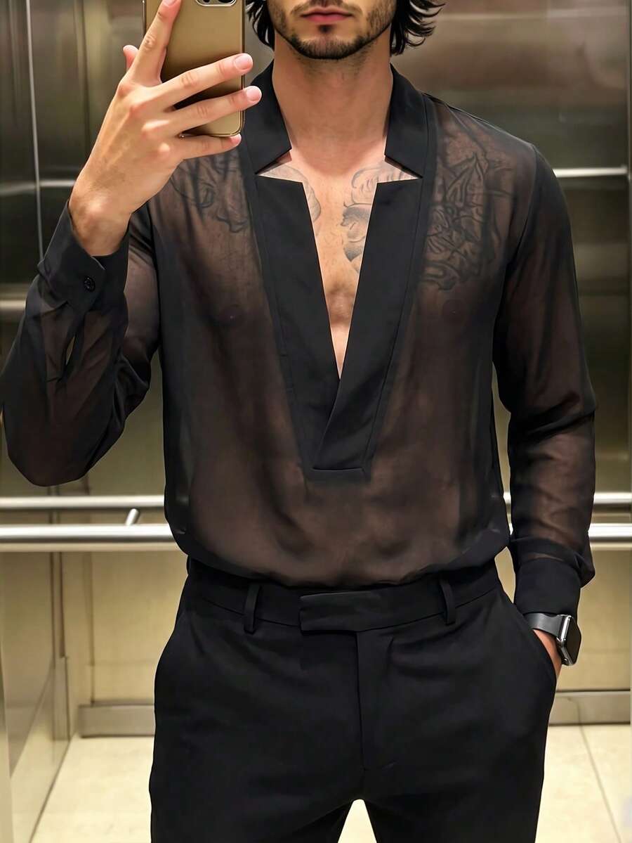 Manfinity Dauomo 男士時尚性感透視襯衫 - 黑色 - 查看 1