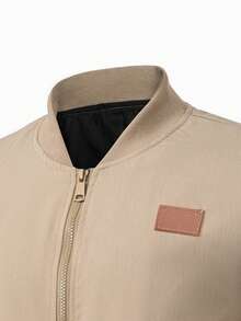 Manfinity Homme Men's Khaki Long Sleeve Zipper Minimalist Patch Solid Color Fashion Plus Size Jacket - Khaki - View 4