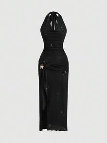 Sunnyshic Women's Summer Dress With Shimmering Draped Neckline, Halter Tie, Metal Starfish Buckle, High Slit, Elegant Sweet Sexy Party Date Romantic Vacation Beach Dress, Beach Outfit - Black - View 3