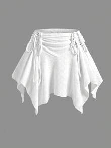 Sweetra Plus Size Elastic Waist Front Drawstring Asymmetrical Hem Skort - White - View 3