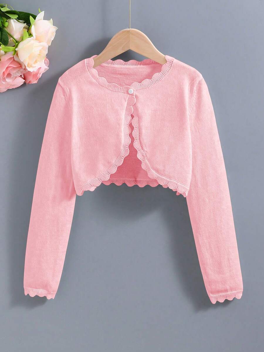 SHEIN Elladie kids 青少年女孩純色休閒百搭日常長袖開襟衫 - 西瓜粉 - 查看 1