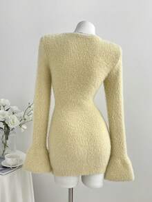 Elamini Y2K Romantic Elegant Girl Fitted Knit Sweater Dress Solid Color Lace Bow Short Autumn/Winter Tea Party Everyday Cream White - Yellow - View 2