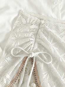 Swim Lushoire Women's Summer Beach Vacation Drawstring Ruched Starfish Shell Tassel Solid Color Special Texture Fabric Split Hem Skirt - White - View 7