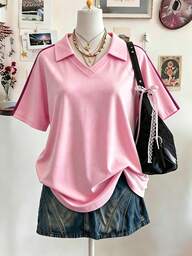 Lalippa Woven Strap Craft Fashionable Minimalist Women's Lapel V-Neck Dropped Shoulder Short Sleeve T-Shirt, Friend's Gift