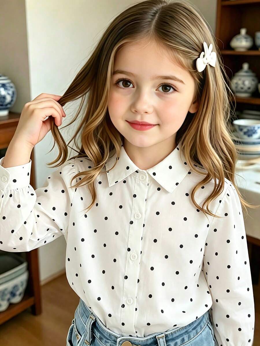 SHEIN Elladie kids 女童新款波點圖案布料鈕扣襯衫,適合日常休閒、優雅、度假、時尚外出 - 白色 - 查看 1