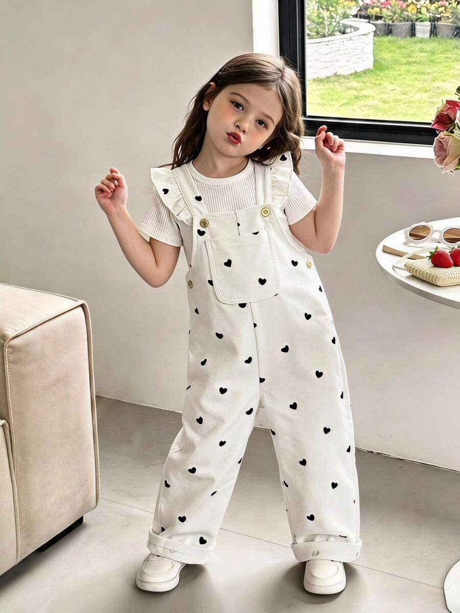 SHEIN Vintaside Kids 1件女嬰休閒可愛粉色愛心吊帶連身褲，適合外出與派對，燈芯絨面料 - 黑與白 - 查看 1