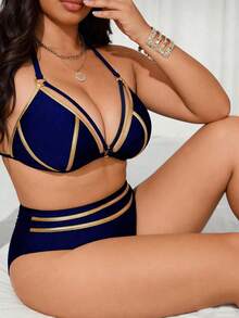Swim SXY Set Bikini Segitiga Metalik Model Halter 2 Potong Ukuran Plus, Pakaian Renang Seksi untuk Liburan Pantai - Biru - View 3
