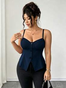 Elenzga Plus Size Elegant Casual Colorblock Spaghetti Strap Tank Top With Hem Slit And Button Design, Suitable For Daily Wear, Beach Vacation, Dating, Party, Spring/Summer - Navy Blue - View 9