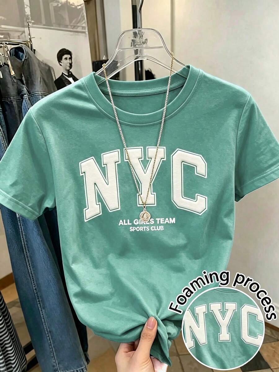 Resyla 復古美式風格 NYC 字母泡棉印花圓領 T 恤,薄荷綠基本休閒上衣,NYC 泡棉印花復古短袖上衣 - 橄欖綠 - 查看 1