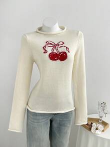 Elamini Sweater Rajut Longgar Kasual Musim Semi/Musim Gugur Wanita Gaya Y2K yang Lucu, Desain Manset, dengan Bordir Motif Ceri, Cocok untuk Sekolah Sehari-hari, Warna Merah dan Putih Kotak-kotak - Krem - View 2