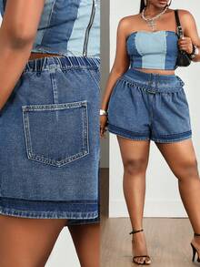Slaydiva Plus Size Women's Non-Stretch Denim Shorts, High Waist Metal Button Decor Casual Loose Fit Denim Shorts, Cowboy Outfits For Women Navy Blue Summer - Medium Wash - View 8