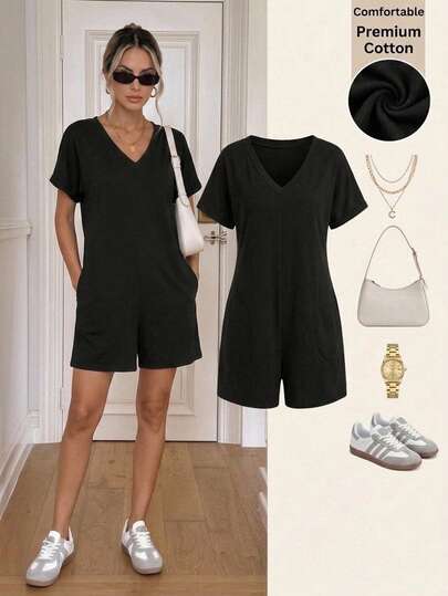 Easowa Women's Solid Color V-Neck Short Sleeve Pocket Casual Modest Romper Travel Black Summer Cotton Is Comfortable
