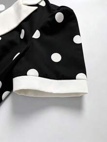 GlowEve 女士优雅翻领短袖收腰撞色喇叭裙摆奶油色波点复古派对连衣裙，春夏款 - 黑色 - 查看 3