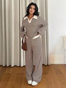 SHEIN 青少年女孩秋季新款休閒極簡針織紋理條紋POLO領寬鬆長袖T恤與長褲套裝 - 卡其色 - 查看 8