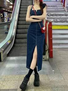 DAZY 夏季性感平口無袖收腰做舊水洗牛仔連身裙 女款 - 藍色 - 查看 13