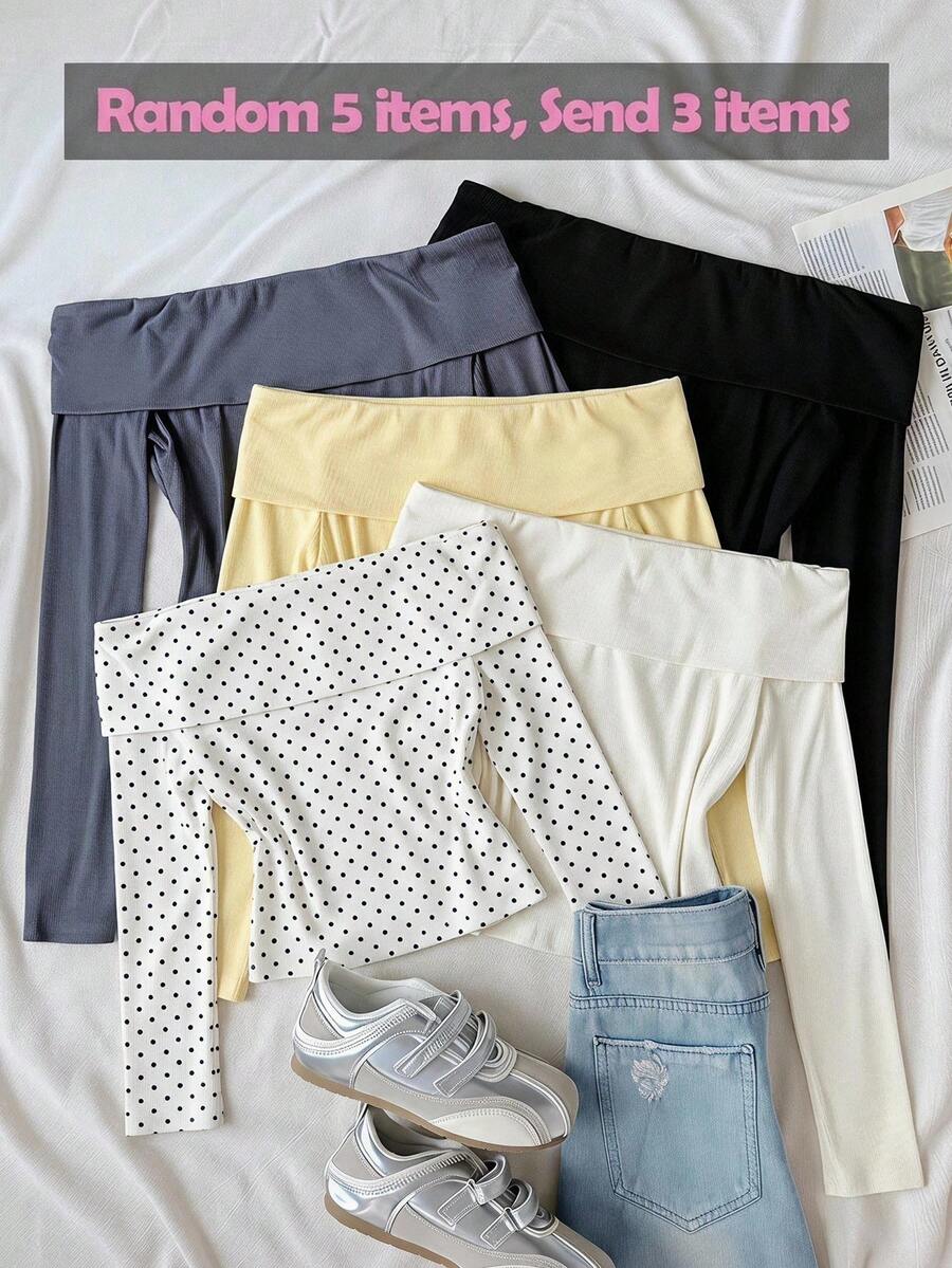 SHEIN Surprise Box [Random 6pcs Items, Send 3 Items]Teen Girls Solid Color Ribbed Knit Off-Shoulder Slim Fit Long Sleeve T-Shirt 3 Pieces Set - Multicolor - View 1