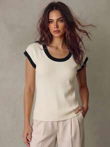 Franclia Women's French-Style Knitted Color-Blocked U-Neck Tee,Elegant Summer Ribbed Short Sleeve Tops,Black And White Effortless Chic Everyday Top - Apricot - View 1