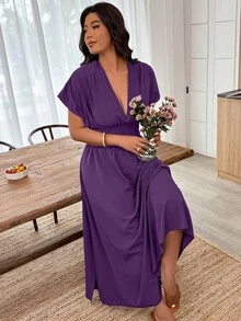 Weeklong Vestido de moda con cintura ceñida, mangas cortas fruncidas y abertura en el bajo, en unicolor, talla grande - Morado - Ver 4