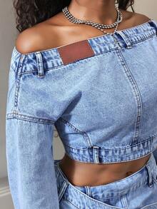 BamGleam Women's Off-Shoulder Denim Casual Versatile Daily Wear Top - Blue - View 7