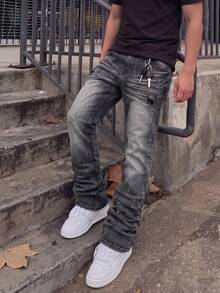 Manfinity Roghcode Men's American Vintage Niche Washed Horseshoe Denim Jeans Slim Fit Stretch Flared Leg Long Pants - Black - View 1