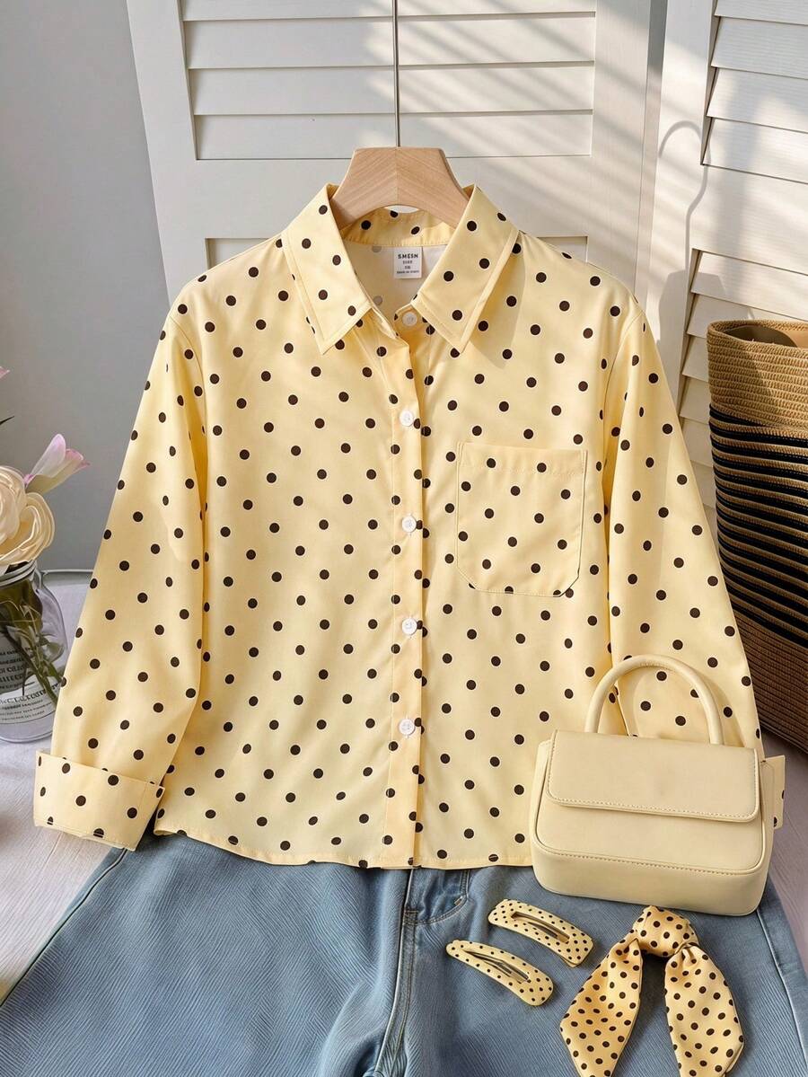 SHEIN 可愛休閒波點襯衫,復古寬鬆領口長袖襯衫,度假時尚黃色上衣,休閒日常百搭舒適鈕扣長袖襯衫,時尚學生襯衫,返校季,秋季,健身/體操,運動 - 黃色 - 查看 1