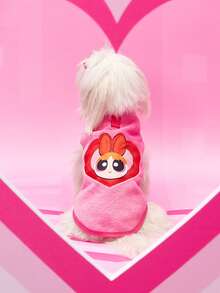 THE POWERPUFF GIRLS X PETSIN 1件刺繡大眼女孩愛心玫瑰紅保暖無袖夾克，附牽繩扣，適用於貓狗，秋冬厚絨毛，適合室內舒適時光或寒冷戶外散步 - 玫紅色 - 查看 4