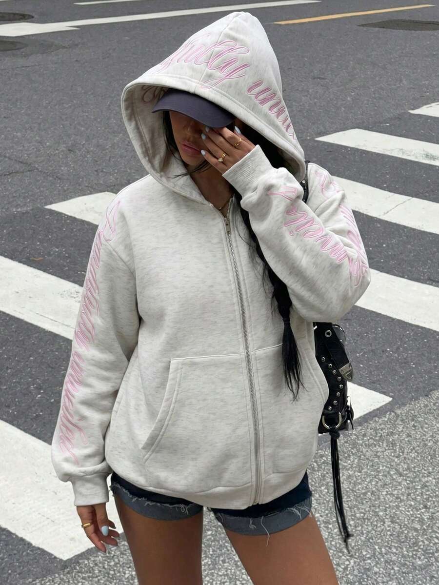 Muchica 女款字母刺繡長袖拉鍊休閒運動衫 - 淺灰色 - 查看 1