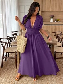 Weeklong Vestido de moda con cintura ceñida, mangas cortas fruncidas y abertura en el bajo, en unicolor, talla grande - Morado - Ver 5