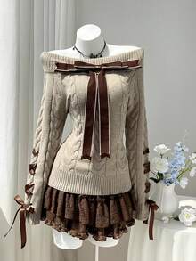 Elamini Autumn/Winter Cable Knit Pullover Sweater, Solid Color Square Neck Bow Design Women's Top, Maillard Style College Sweater - Khaki - View 1