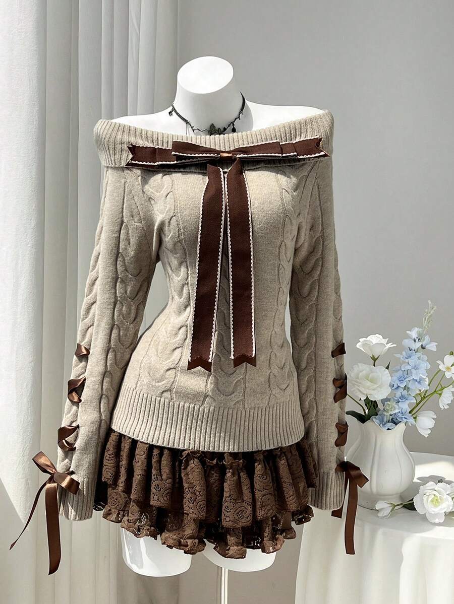 Elamini Autumn/Winter Cable Knit Pullover Sweater, Solid Color Square Neck Bow Design Women's Top, Maillard Style College Sweater - Khaki - View 1