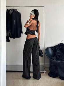 StreetHx Women's Streetwear Halter Neck Tank Top Slim Fit Striped Suit Set - Black - View 5